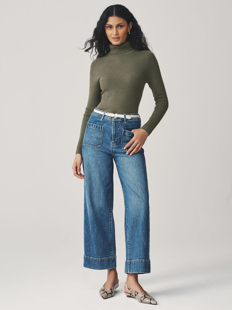Khaki Green Roll Neck Ribbed Jumper