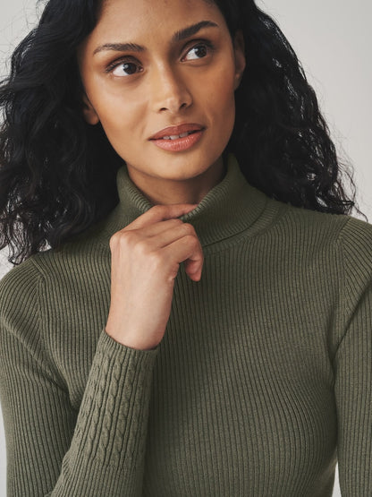 Khaki Green Roll Neck Ribbed Jumper