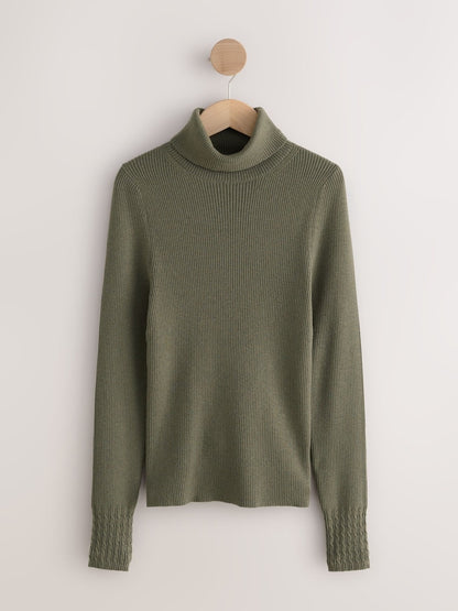 Khaki Green Roll Neck Ribbed Jumper