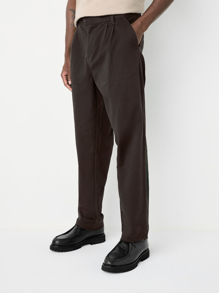 Brown Twin Pleat Regular Relaxed Tapered Chinos