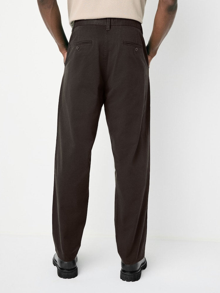 Brown Twin Pleat Regular Relaxed Tapered Chinos