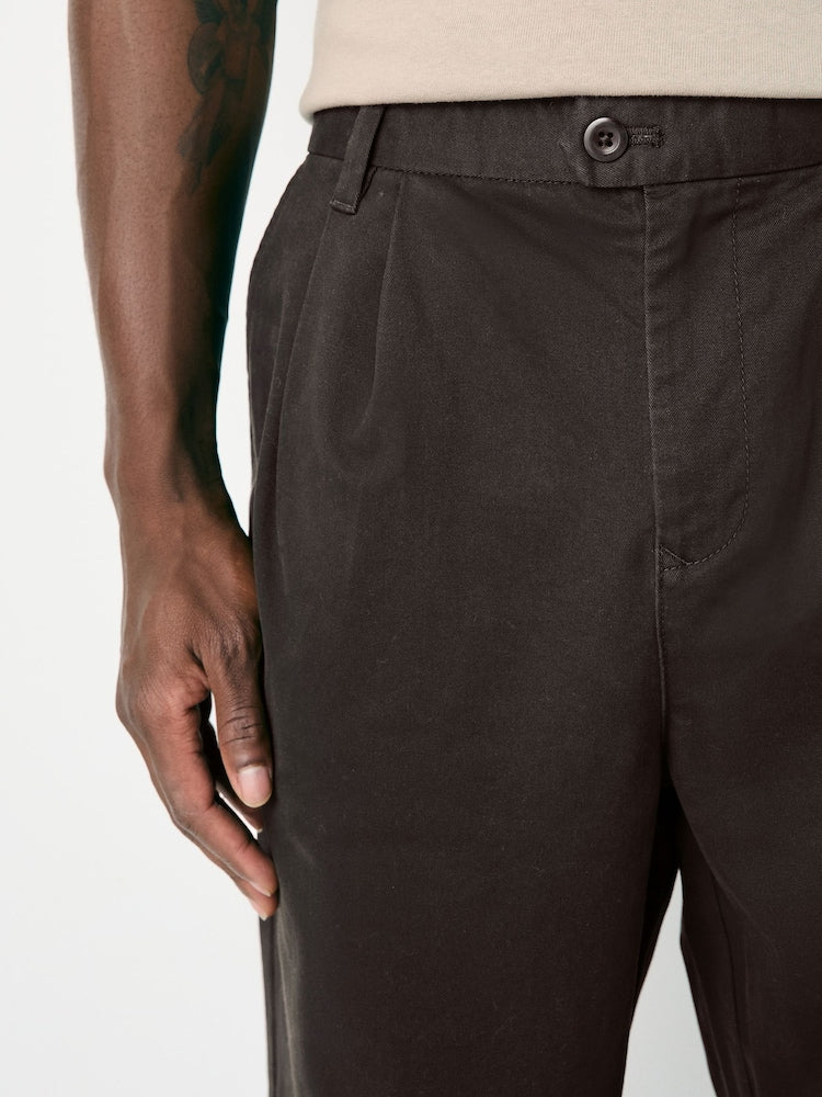 Brown Twin Pleat Regular Relaxed Tapered Chinos
