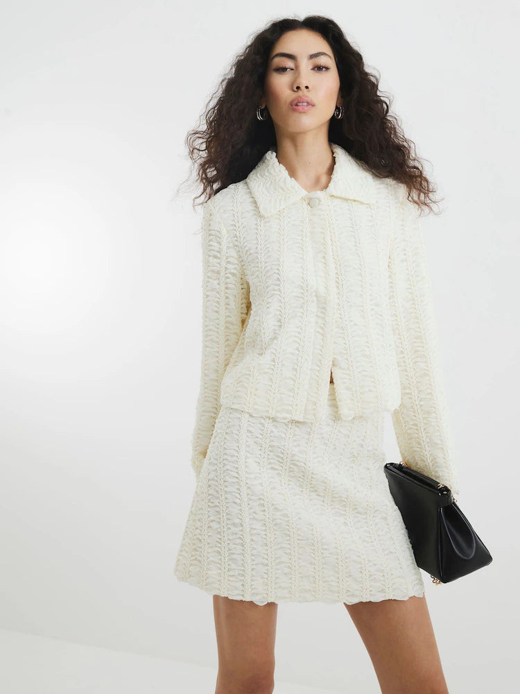 Cream Textured Collared Trophy Jacket