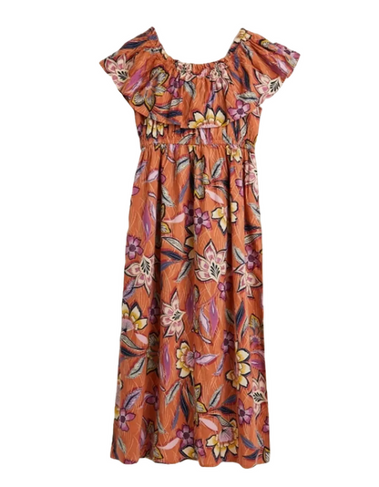 Floral Linen-Rich Bardot Ruffle Midi Dress