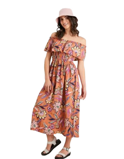 Floral Linen-Rich Bardot Ruffle Midi Dress