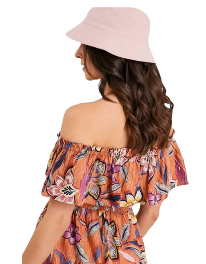 Floral Linen-Rich Bardot Ruffle Midi Dress