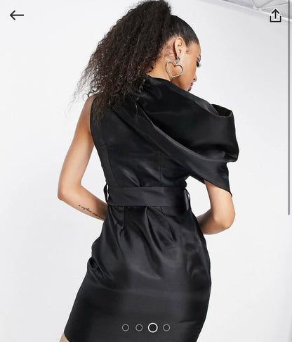 Draped One Shoulder Belted Black Satin Mini Cocktail Dress