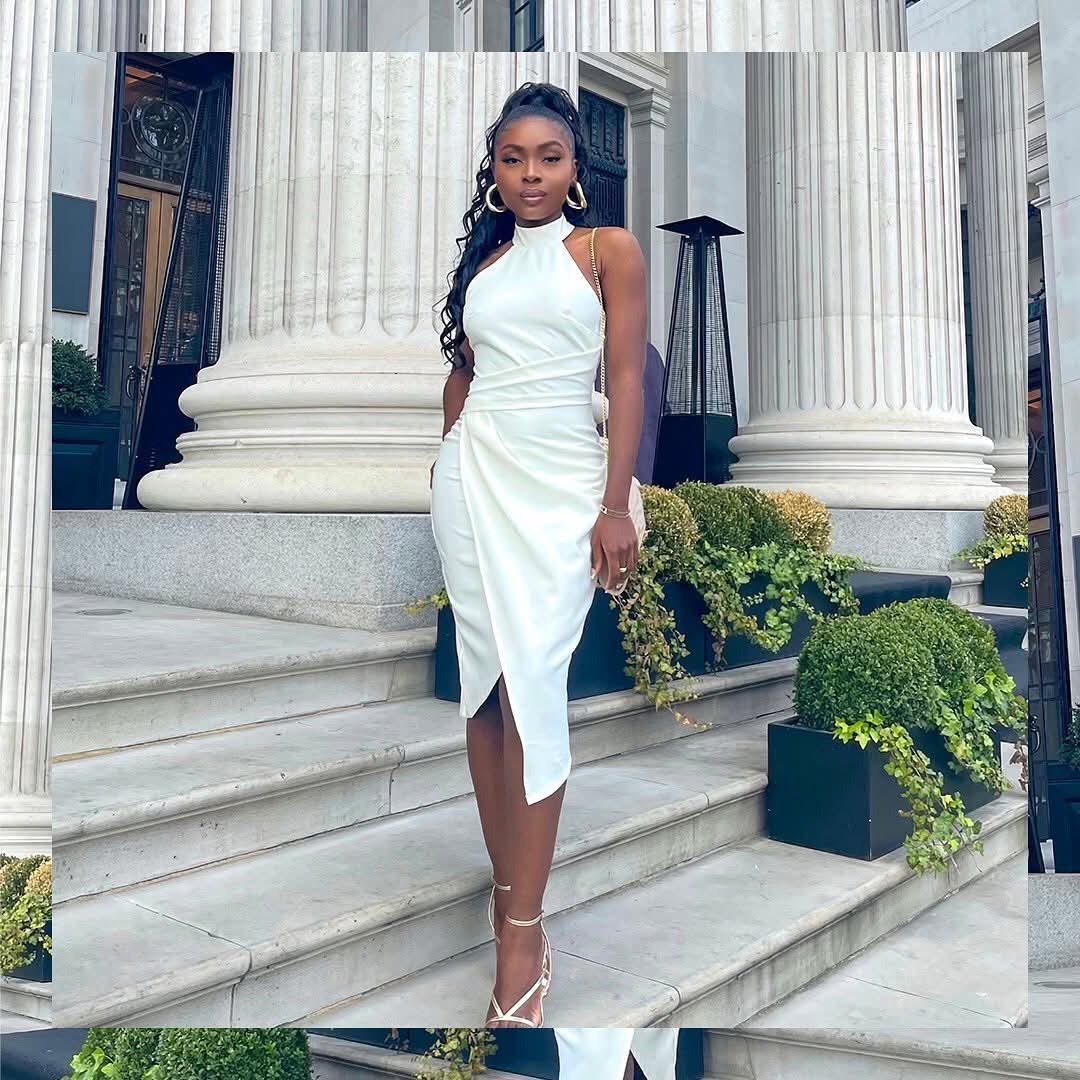 White Halter Neck Asymmetric Bodycon Dress