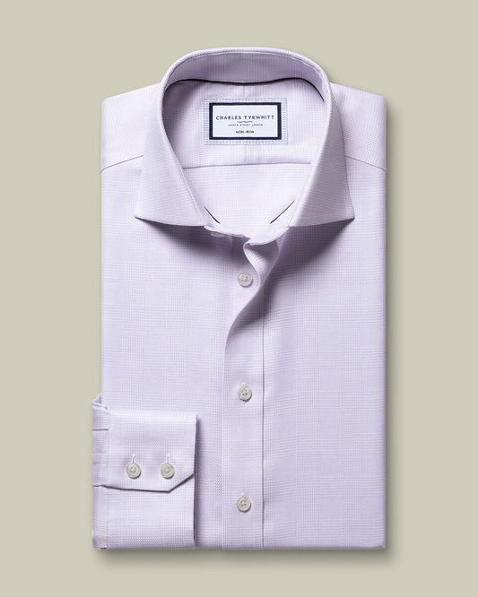 Non-Iron Stretch Burlington Weave Prince of Wales Check Slim Fit Shirt - Lilac