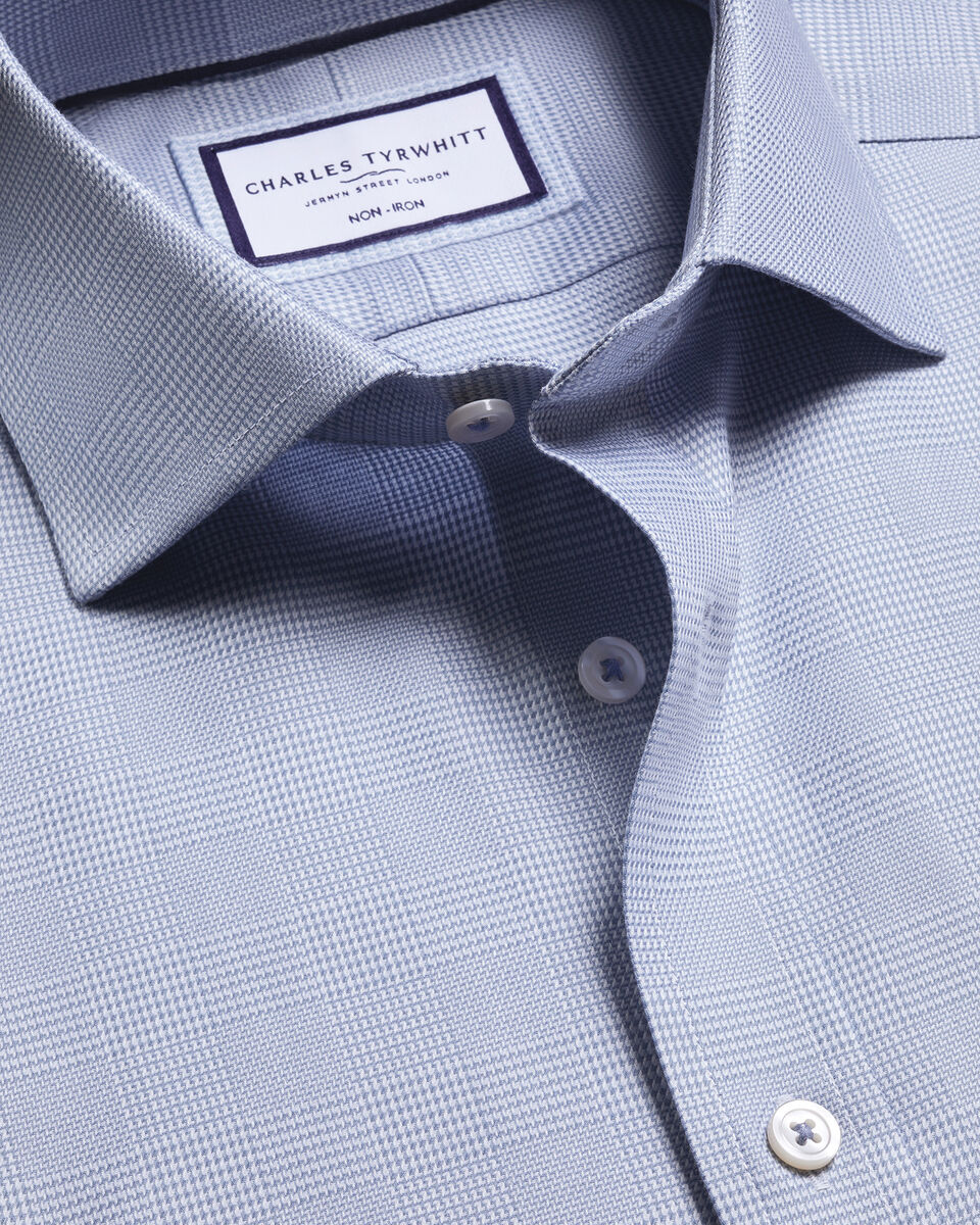 Non-Iron Stretch Burlington Weave Prince of Wales Check Slim Fit Shirt - Mid Blue