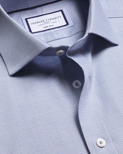 Non-Iron Stretch Burlington Weave Prince of Wales Check Slim Fit Shirt - Mid Blue