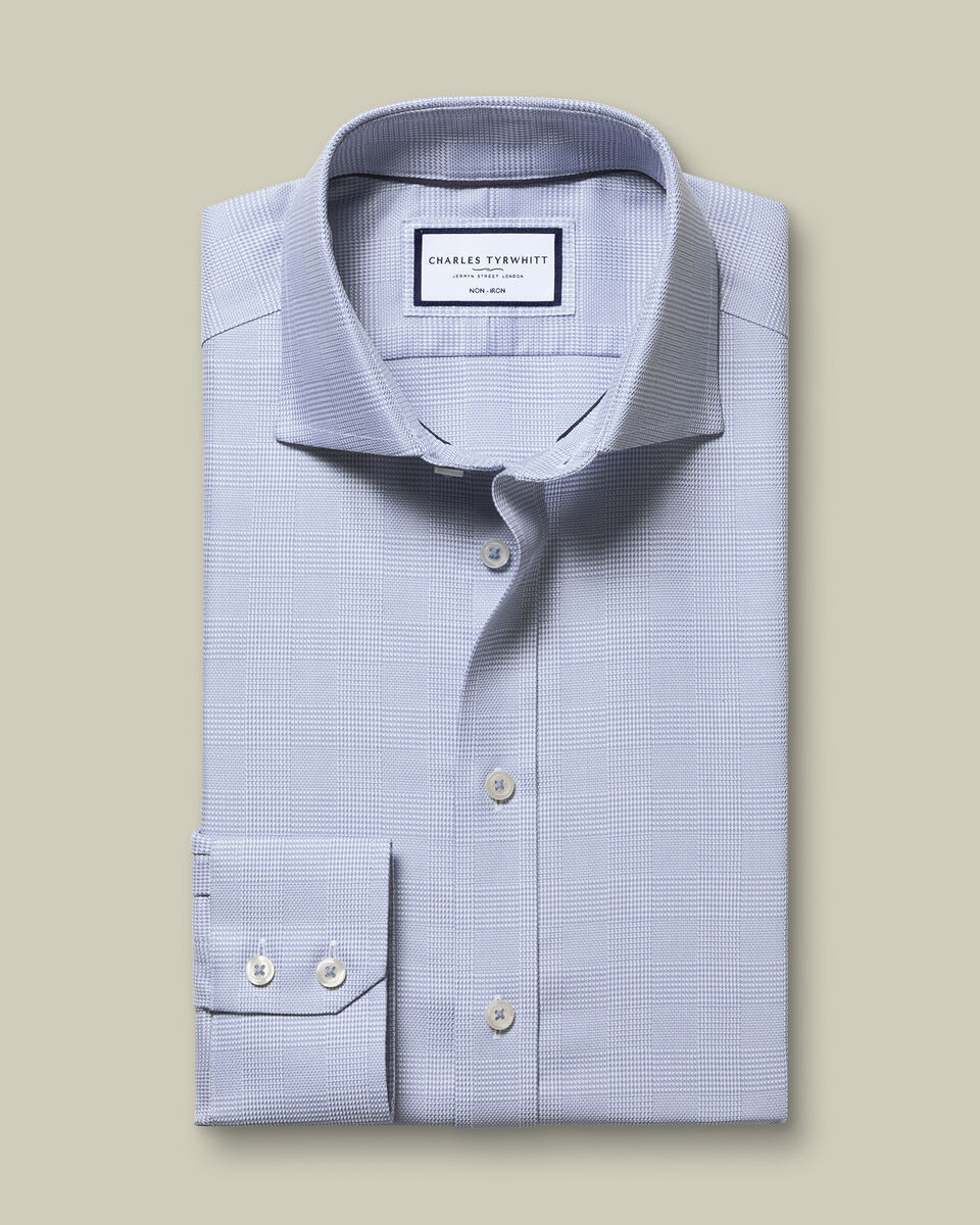 Non-Iron Stretch Burlington Weave Prince of Wales Check Slim Fit Shirt - Mid Blue