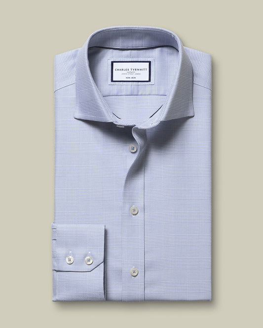Non-Iron Stretch Burlington Weave Prince of Wales Check Slim Fit Shirt - Mid Blue