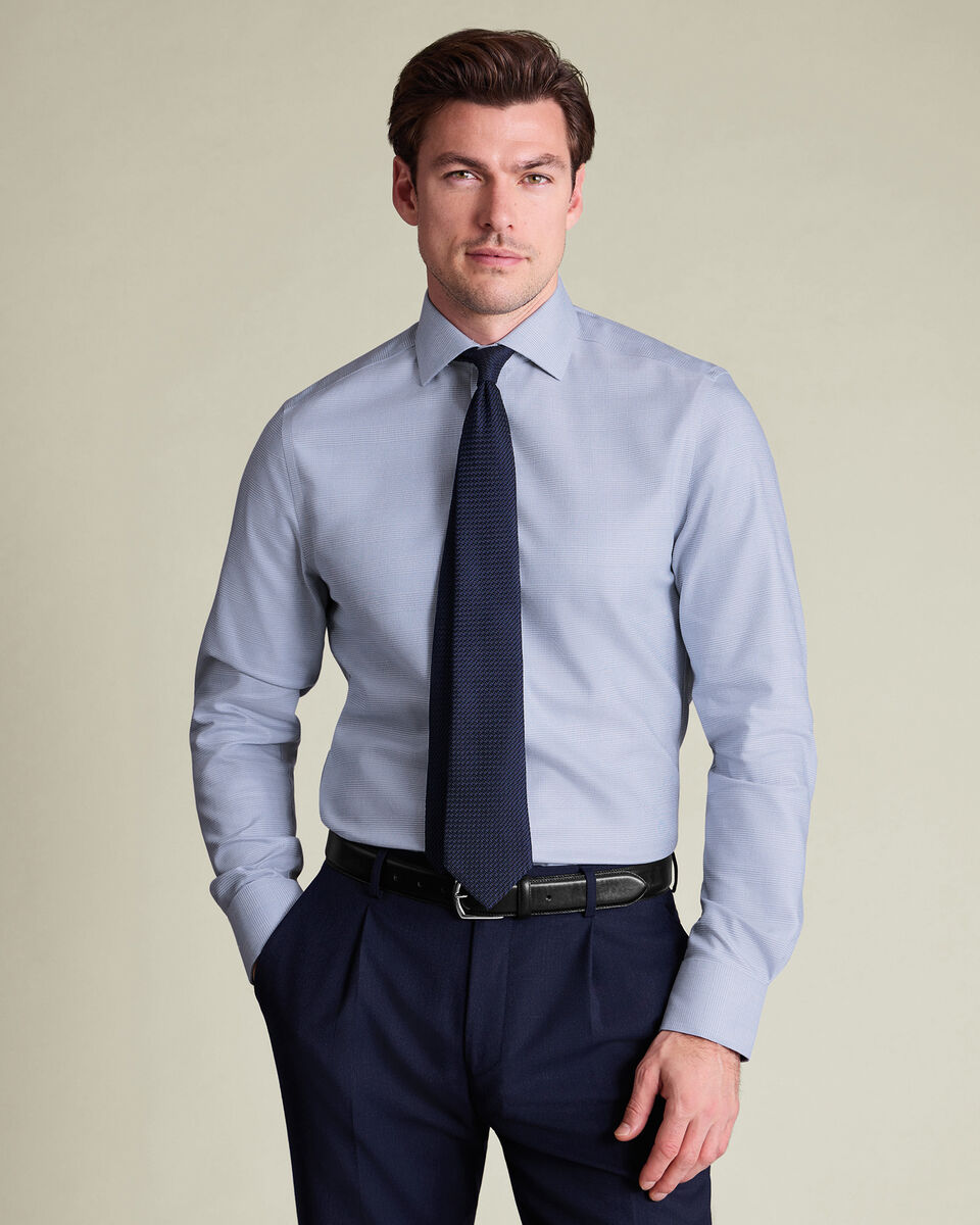 Non-Iron Stretch Burlington Weave Prince of Wales Check Slim Fit Shirt - Mid Blue