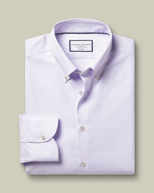 Button-Down Non-Iron Oxford Stripe Slim Fit Shirt - Lilac Purple