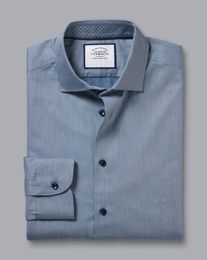 Semi-Cutaway Collar Twill Classic Fit Shirt with Printed Trim - Steel Blue