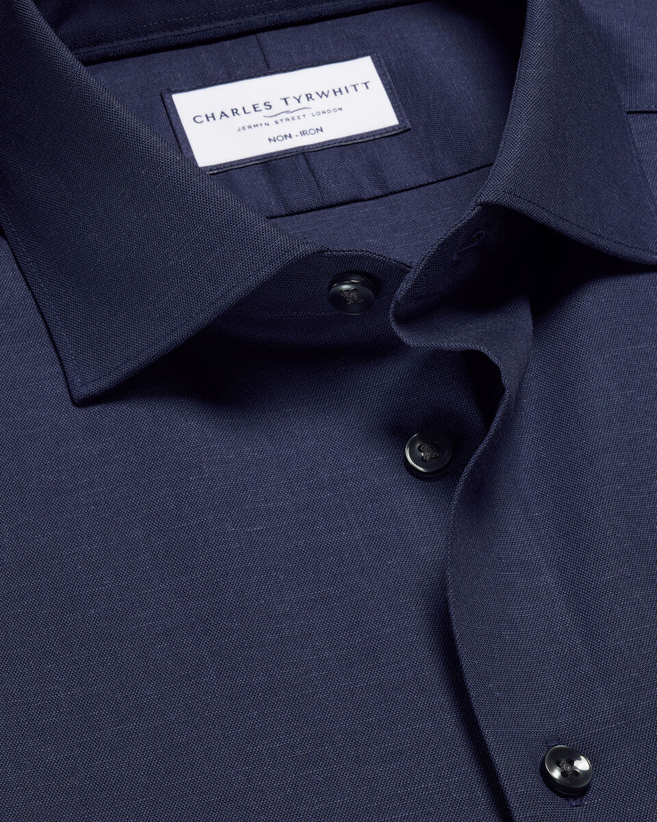 Slim Fit Non-Iron Cotton Linen Shirt - Ink Blue
