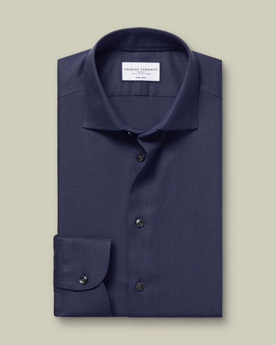 Slim Fit Non-Iron Cotton Linen Shirt - Ink Blue