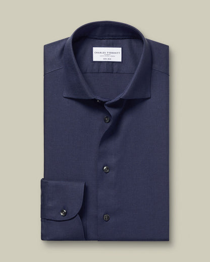 Slim Fit Non-Iron Cotton Linen Shirt - Ink Blue