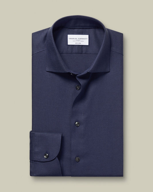Extra Slim Fit Non-Iron Cotton Linen Shirt - Ink Blue