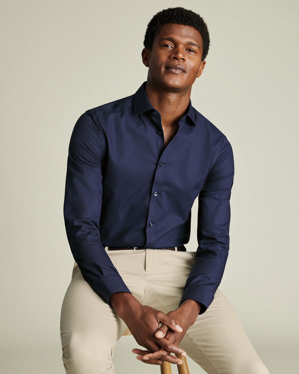 Slim Fit Non-Iron Cotton Linen Shirt - Ink Blue