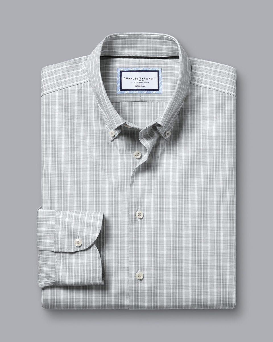 Button-Down Collar Non-Iron Windowpane Check Shirt - Sliver Grey