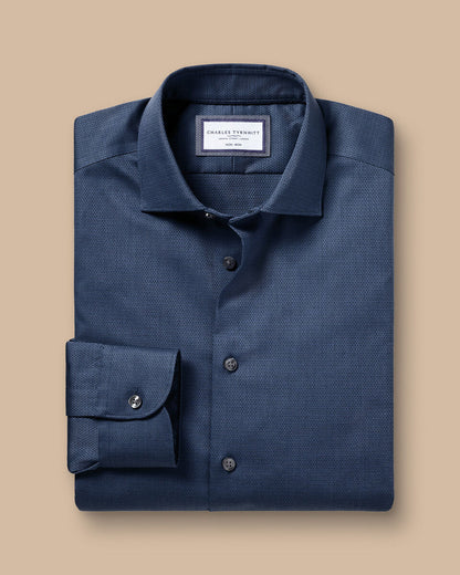 Slim Fit Non-Iron Diamond Stretch Texture Shirt - Denim Blue