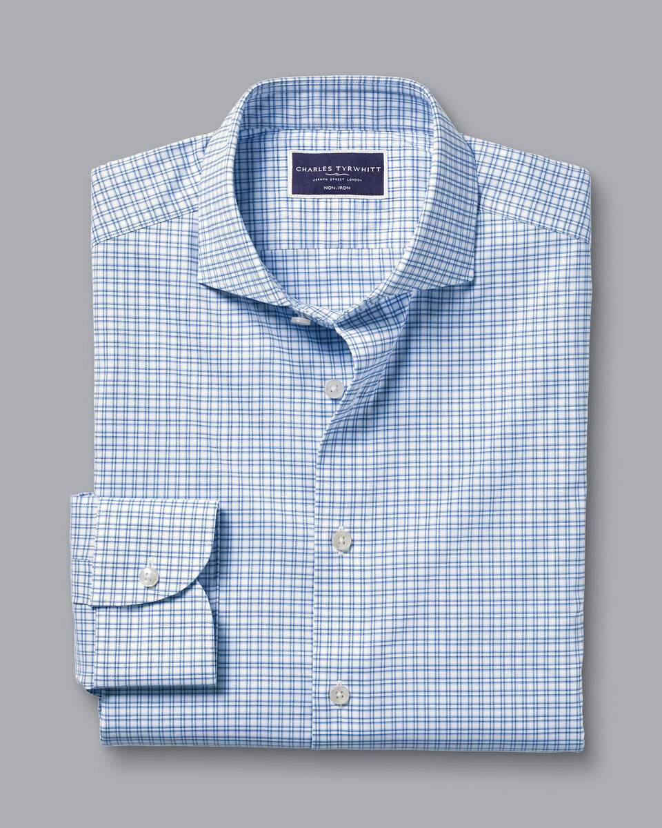 Non-Iron Performance Twill Grid Check Shirt - Ocean Blue