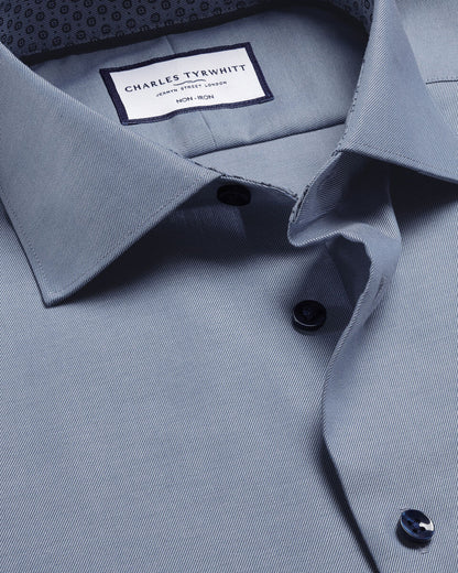 Semi-Cutaway Collar Non-Iron Twill Classic Fit Shirt with Printed Trim - Steel Blue