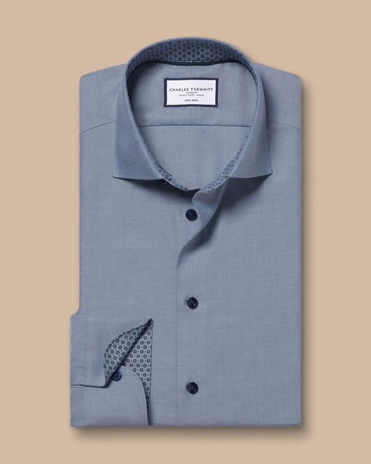 Semi-Cutaway Collar Non-Iron Twill Classic Fit Shirt with Printed Trim - Steel Blue