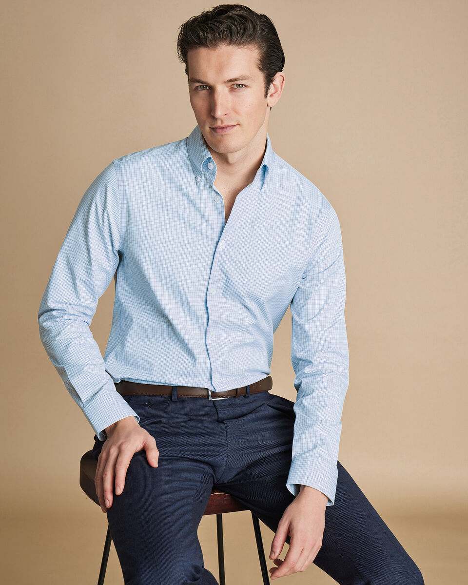 Button-Down Collar Non-Iron Oxford Fine Check Shirt - Light Blue