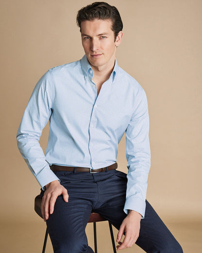 Button-Down Collar Non-Iron Oxford Fine Check Shirt - Light Blue