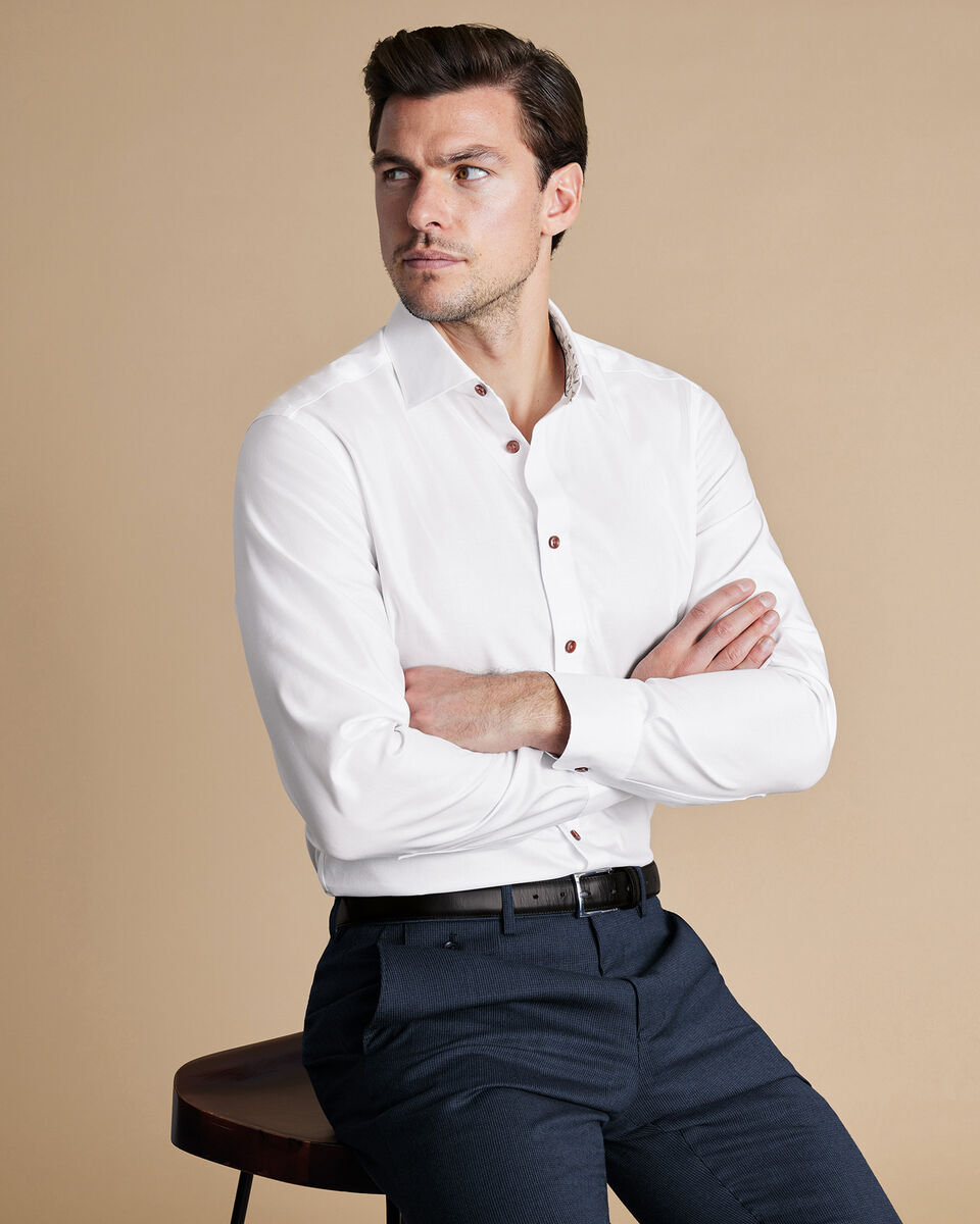 Semi Cutaway Collar Non-Iron Twill Paisley Trim Slim fit Shirt - white