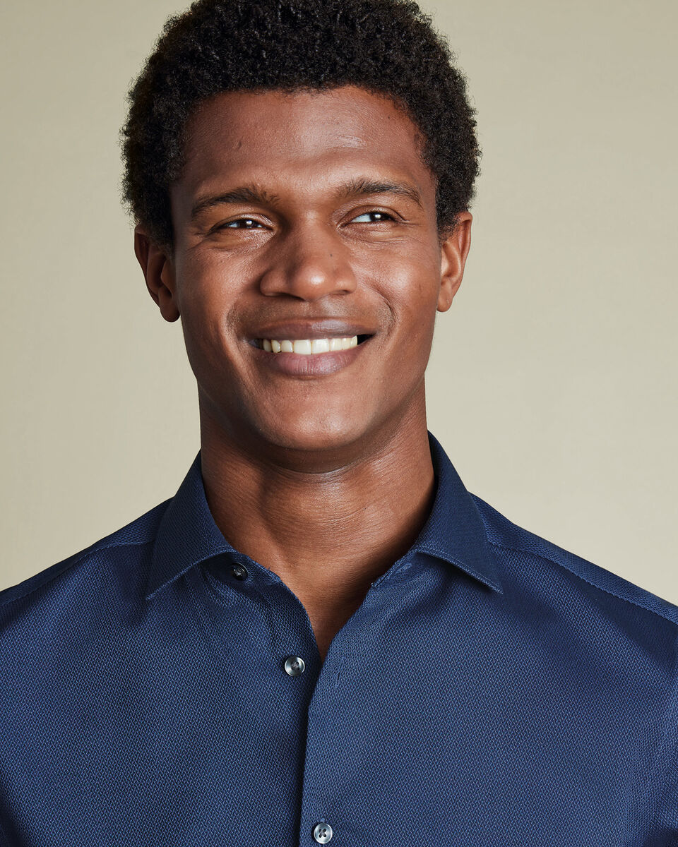 Semi-Cutaway Collar Non-Iron Stretch Texture Shirt - Denim Blue