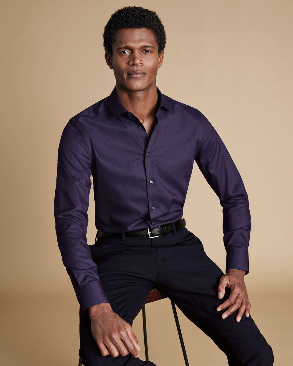 Semi-Cutaway Collar Non-Iron Stretch Texture Classic Fit Shirt - Purple