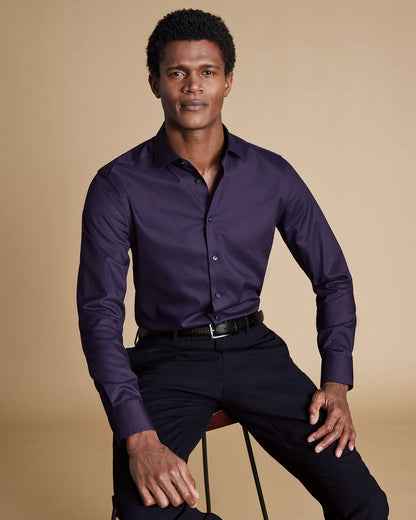 Semi-Cutaway Collar Non-Iron Stretch Texture Classic Fit Shirt - Purple