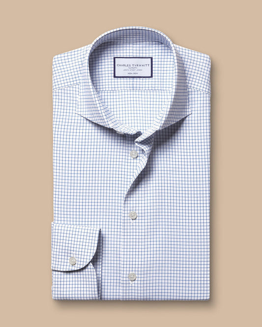 Non-Iron Performance Twill Fine Check Slim Fit Shirt - Ocean Blue