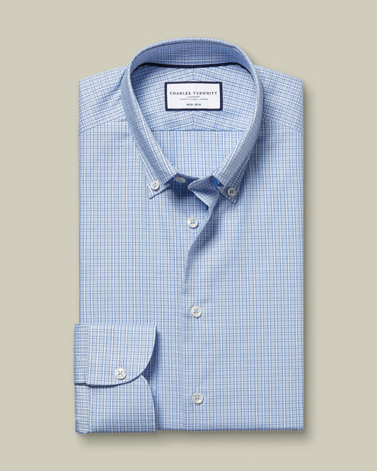 Button-Down Non-Iron Oxford Check Slim Fit Shirt - Sky Blue
