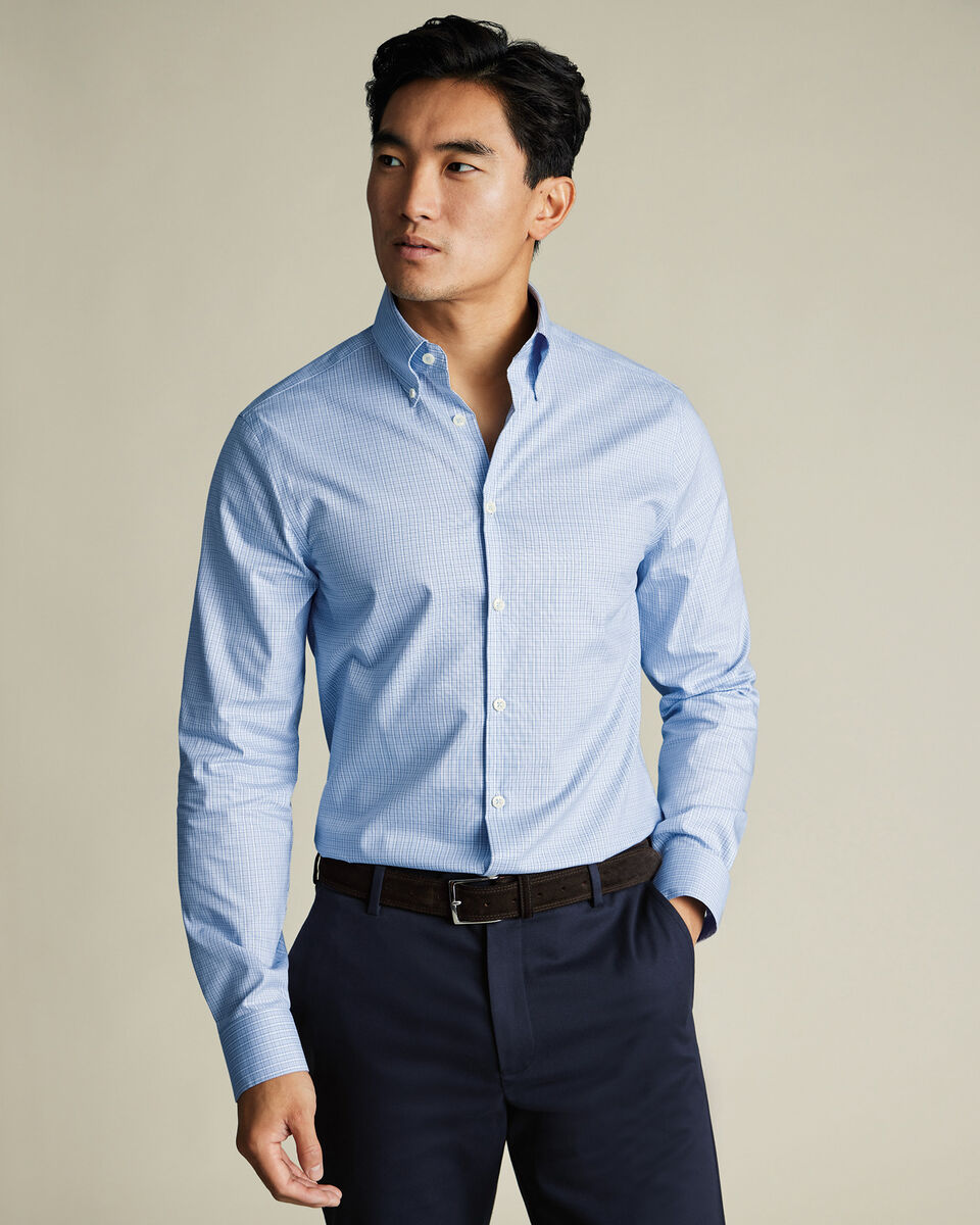 Button-Down Non-Iron Stretch Oxford Check Slim Fit Shirt - Sky Blue
