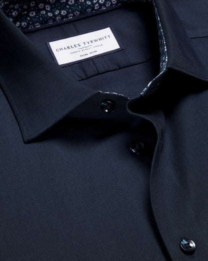 Non-Iron Stretch Printed Trim Slim Fit Shirt - Navy
