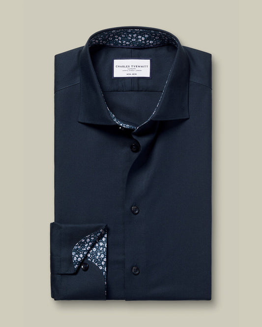 Non-Iron Stretch Printed Trim Slim Fit Shirt - Navy