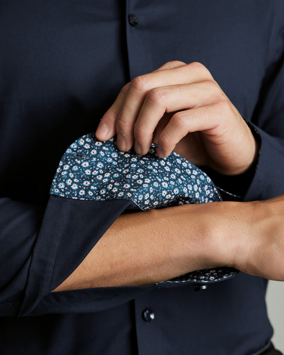Non-Iron Stretch Printed Trim Slim Fit Shirt - Navy