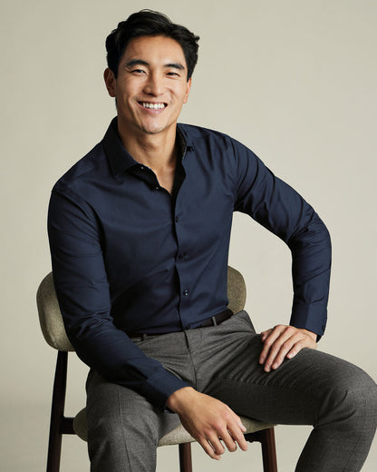 Non-Iron Stretch Printed Trim Slim Fit Shirt - Navy