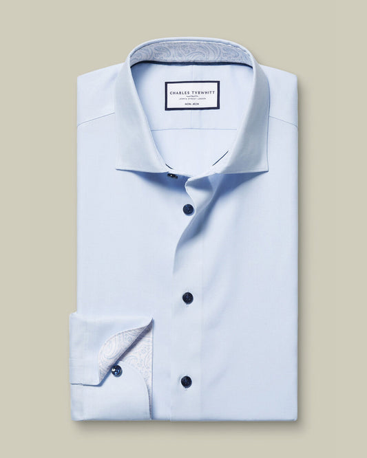 Non-Iron Stretch Printed Trim Slim Fit Shirt - Sky Blue