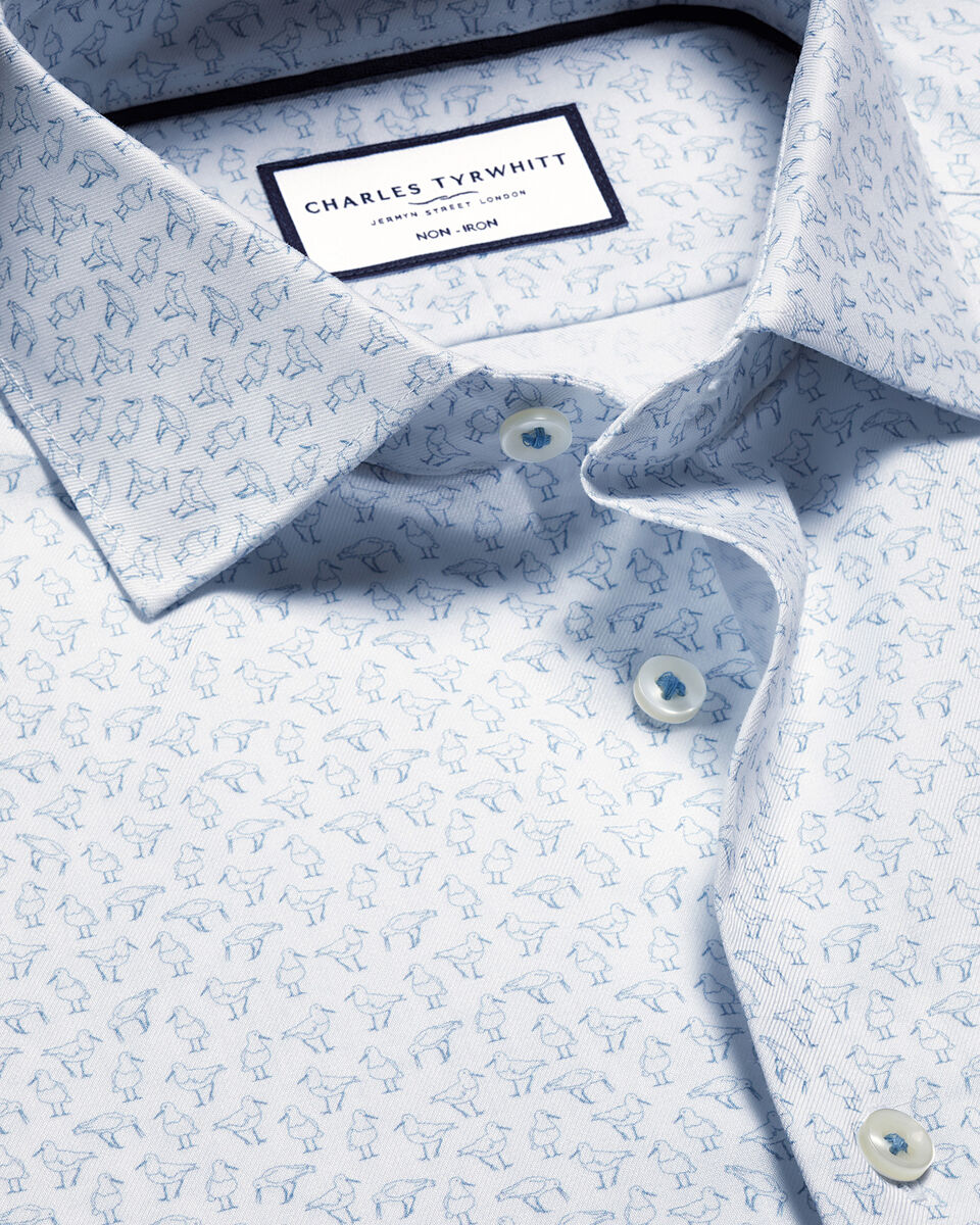 Classic Fit Non-Iron Stretch Bird Print Shirt - Steel Blue