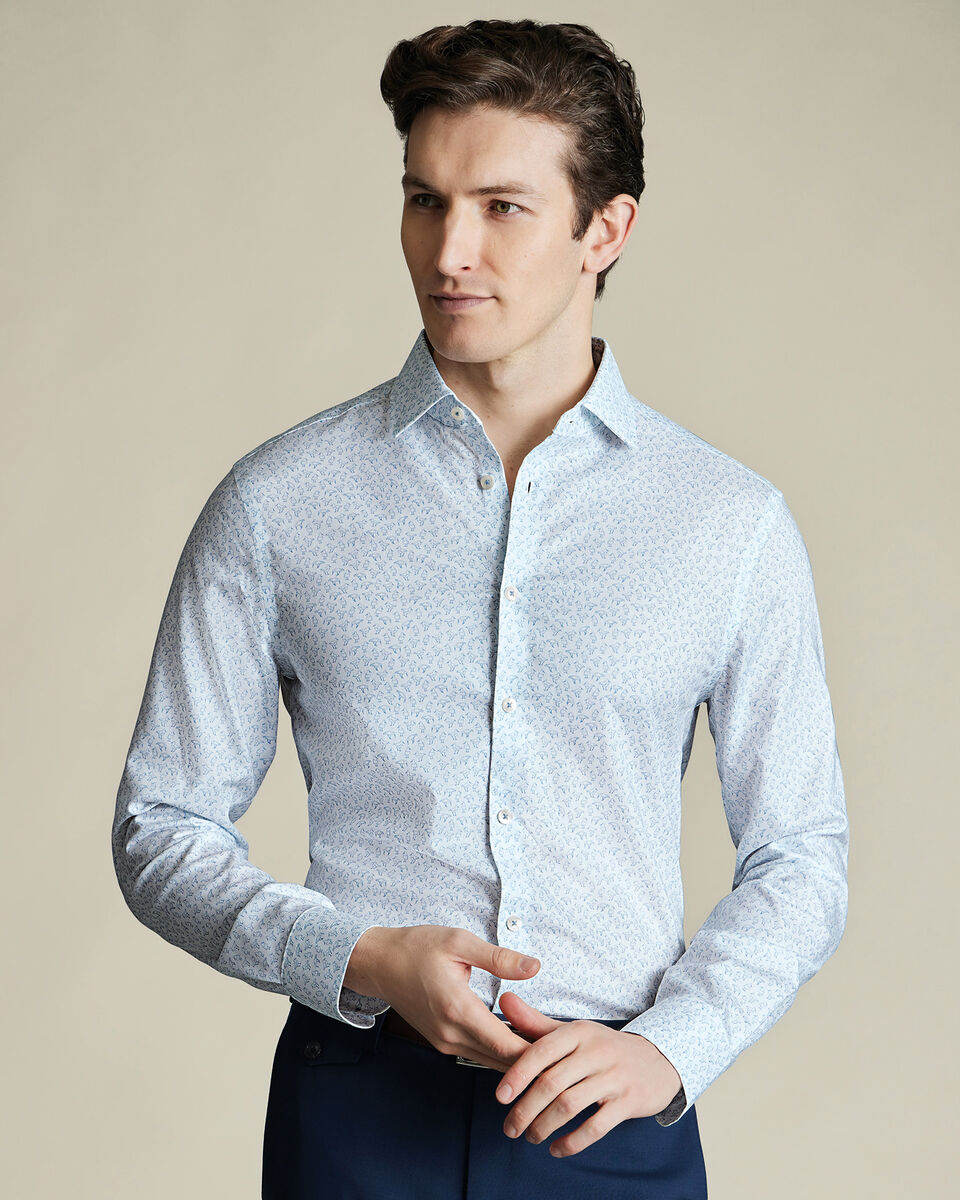 Classic Fit Non-Iron Stretch Bird Print Shirt - Steel Blue