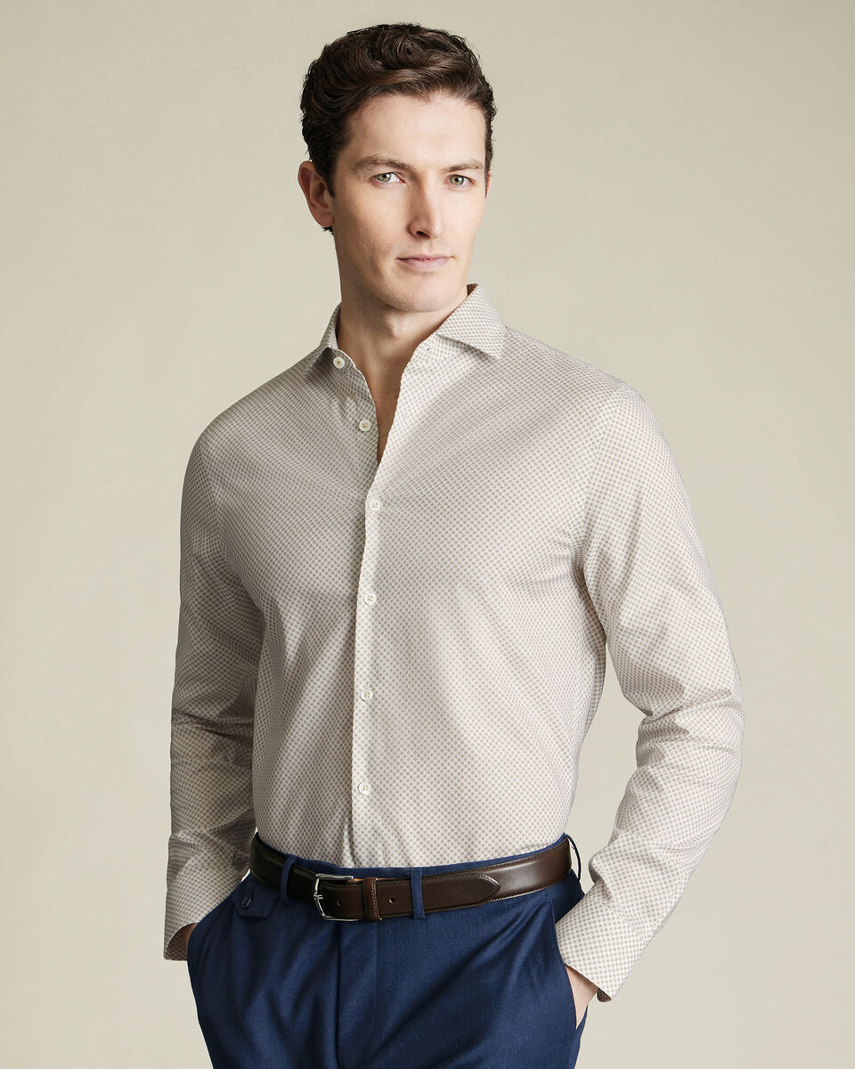 Non-Iron Stretch Geo Print Shirt - Taupe & Blue