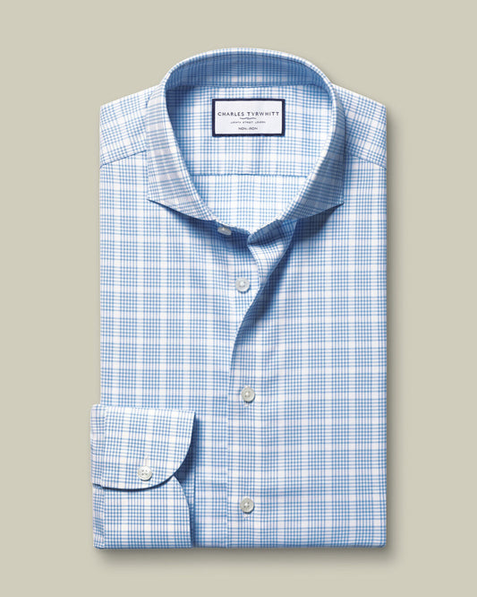 Non-Iron Performance Twill Check Classic Fit Shirt- Cornflower Blue