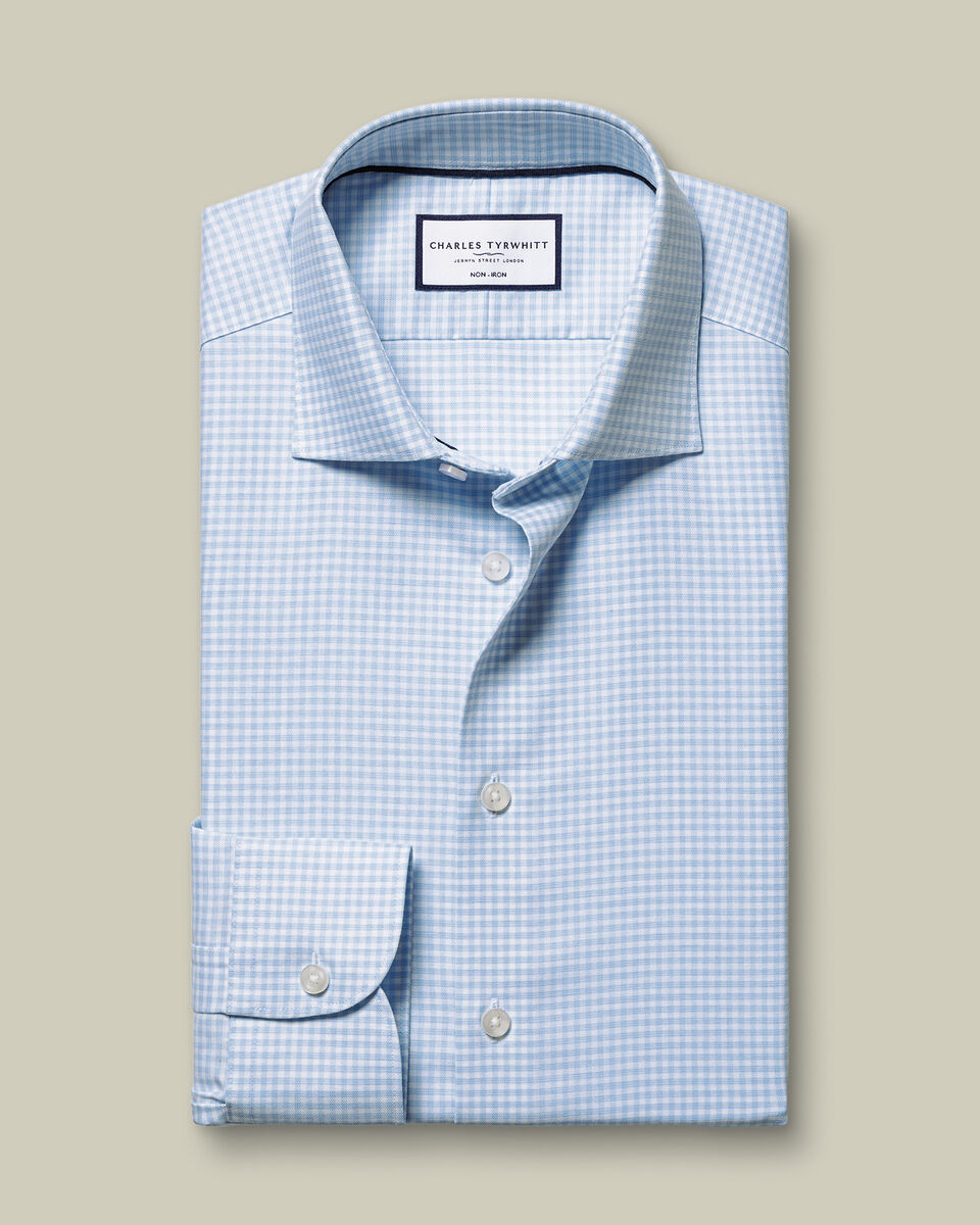 Non-Iron Cotton Linen Check Slim Fit Shirt - Sky Blue