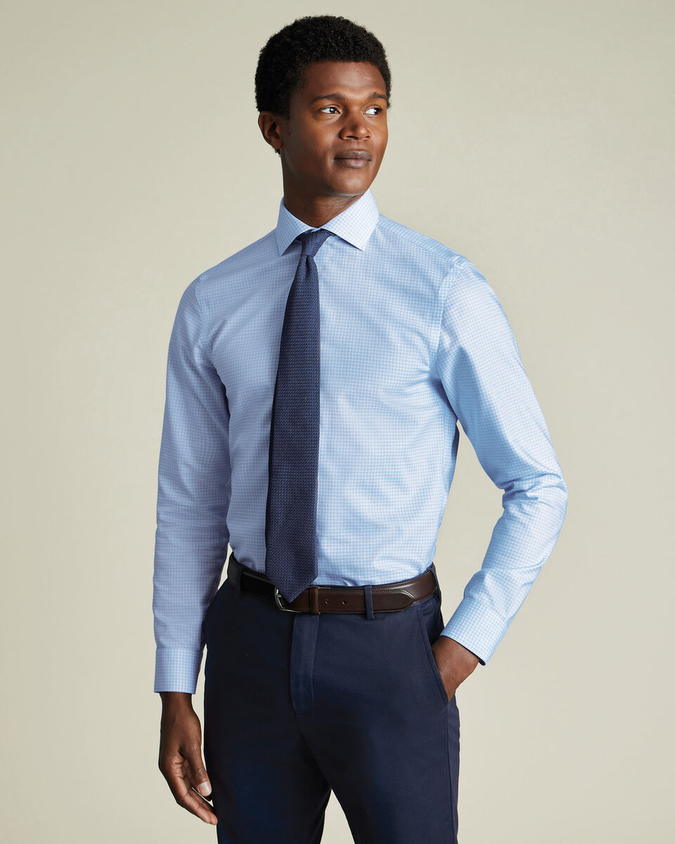 Non-Iron Cotton Linen Check Slim Fit Shirt - Sky Blue